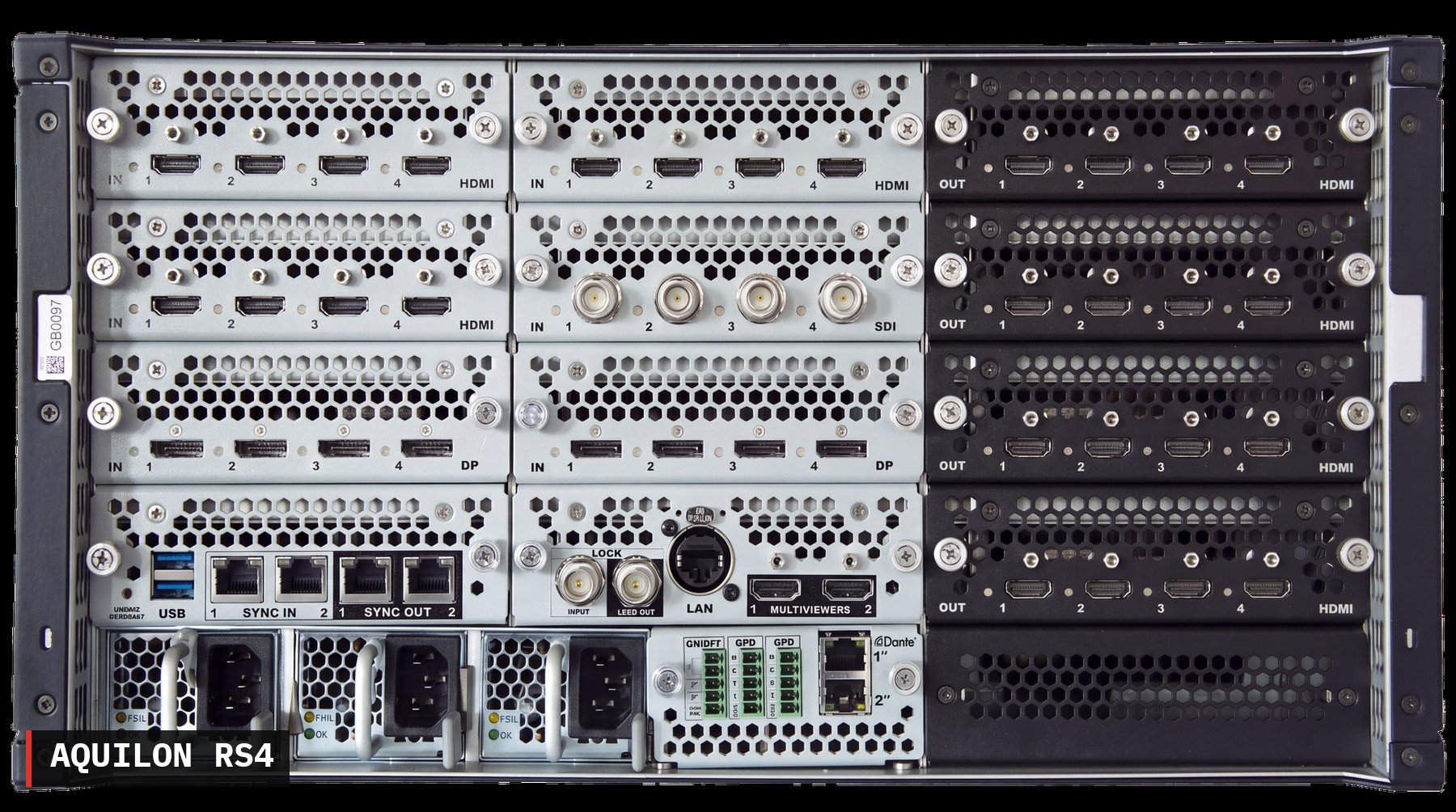 Analog Way Aquilon RS4 rear panel — HDMI, DP, and SDI I/O modules