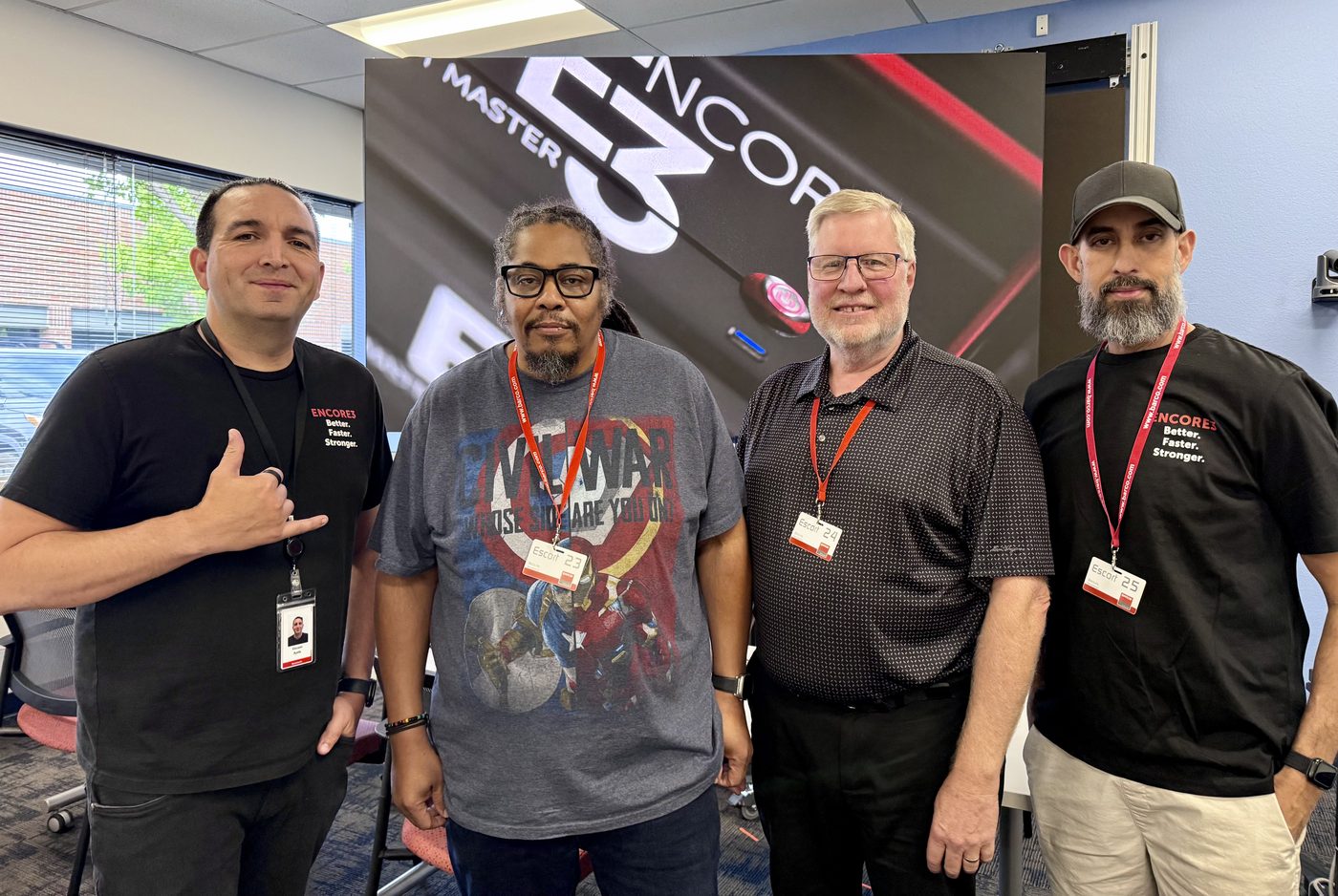 George E. Kennedy Jr. with instructor Vincent Ayala and classmates at Barco's Sacramento HQ Encore3 certification