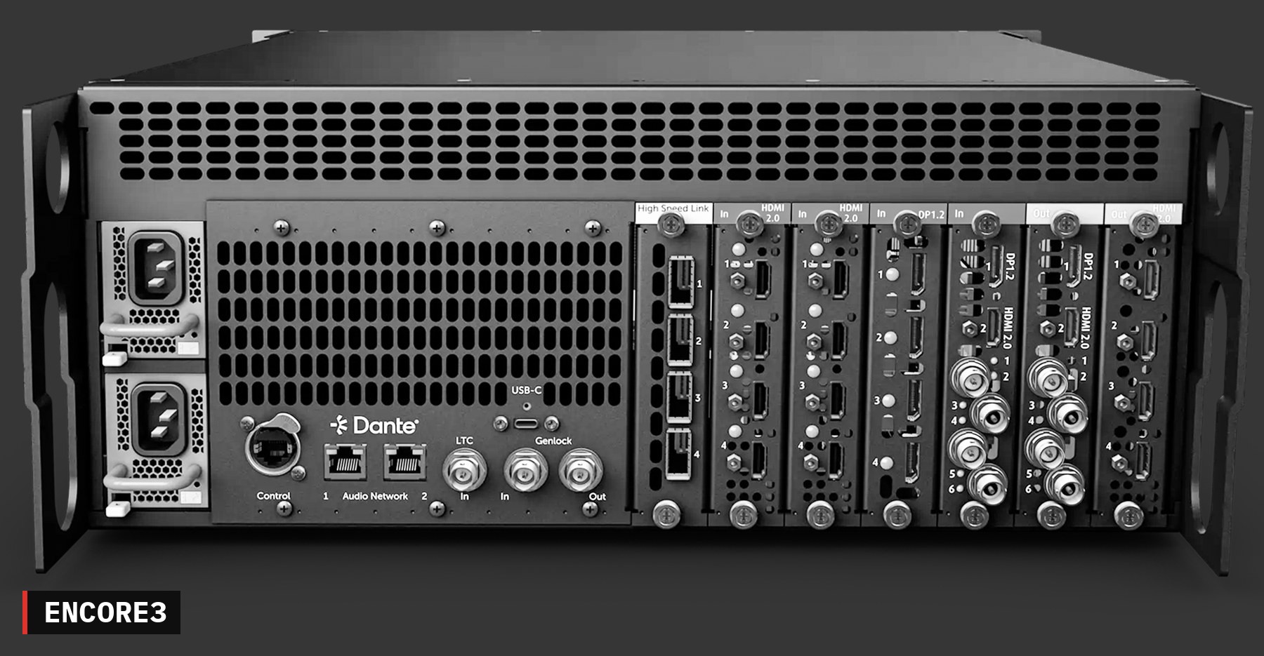 Barco Encore3 rear panel — Dante, LTC, Genlock, and HDMI/DP I/O modules