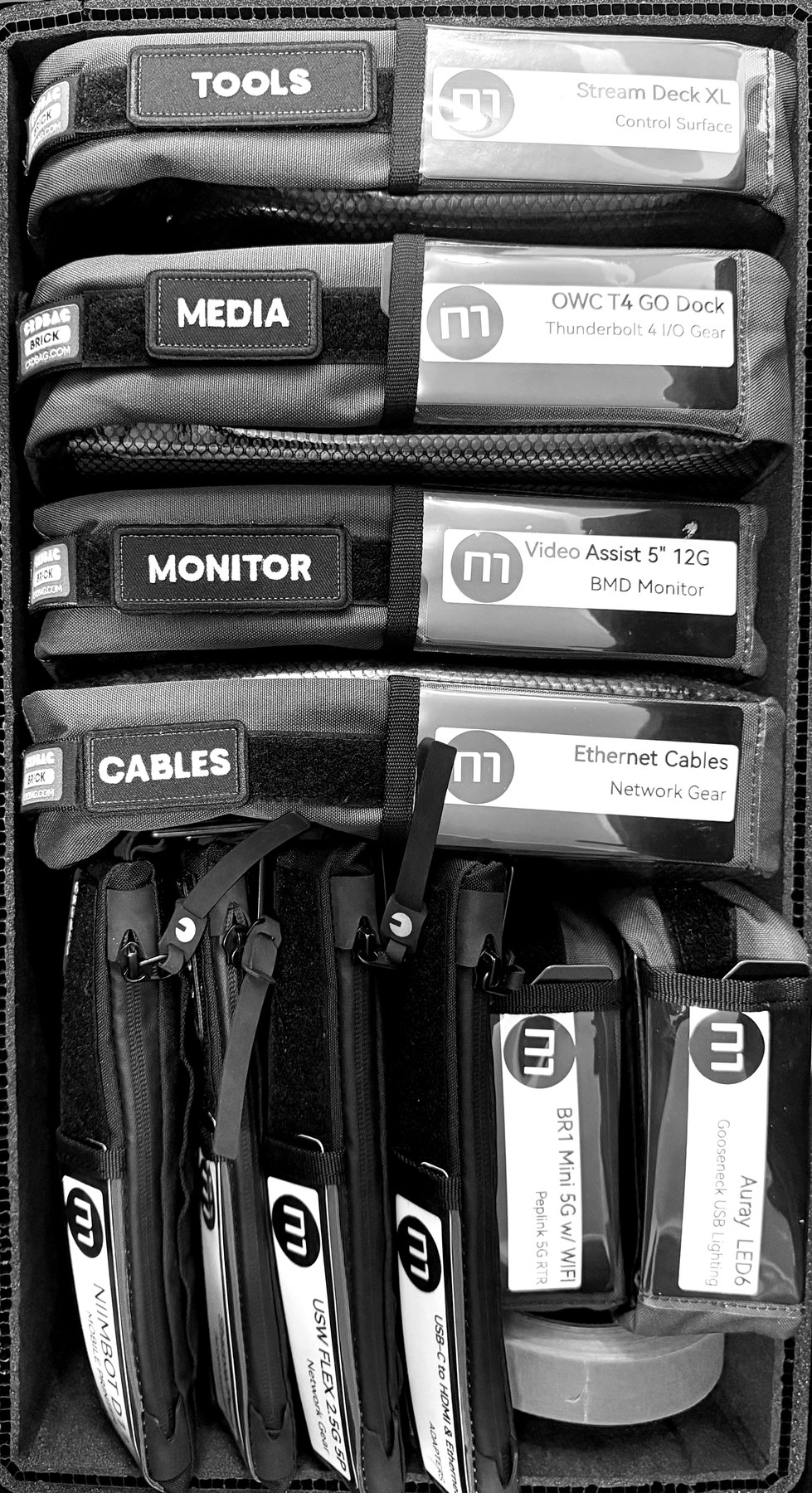 Organized production gear kit — tools, media, monitor, and cables pouches