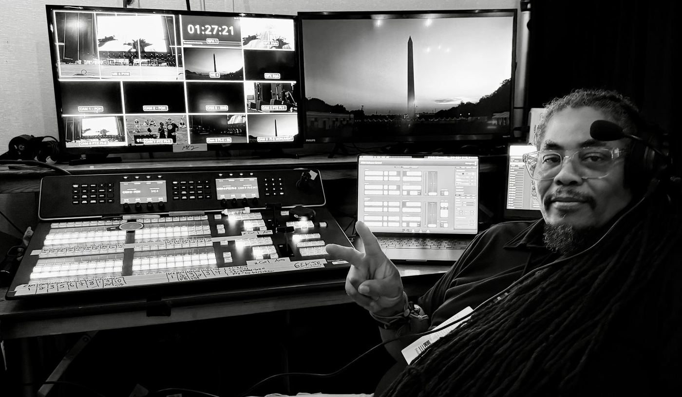 George E. Kennedy, Jr. at the switcher, Washington Monument in the background
