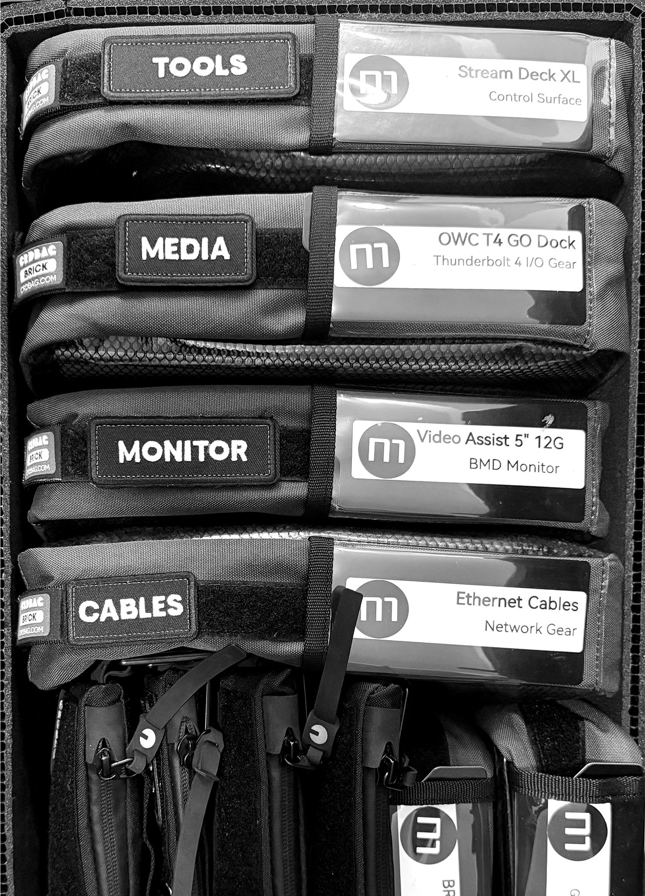 Organized production gear kit — tools, media, monitor, and cables pouches