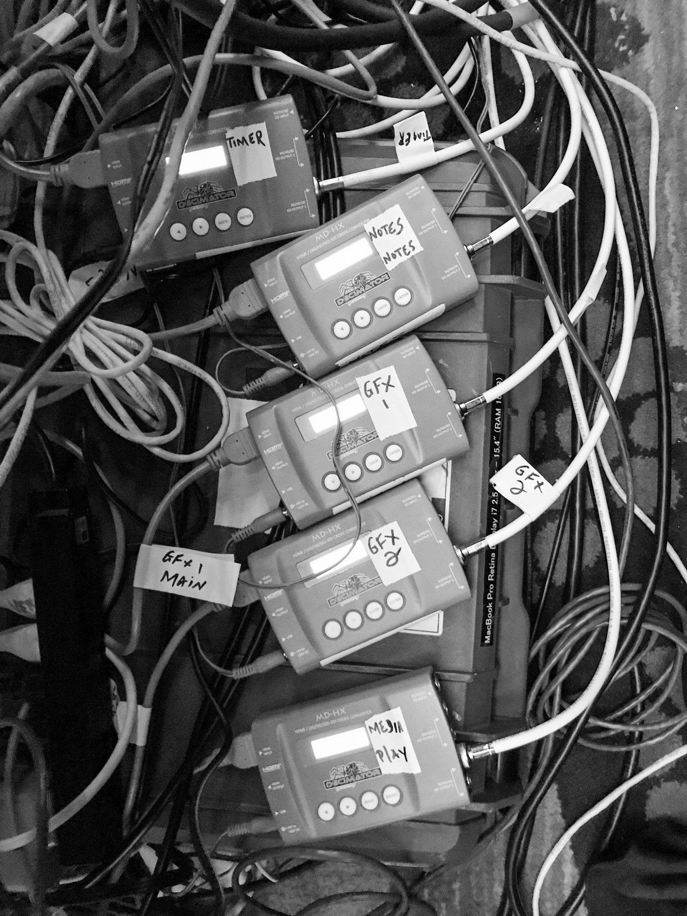 Rack of labeled Decimator MD-HX signal converters — Media Play, GFX 1, GFX 2, Notes, Timer