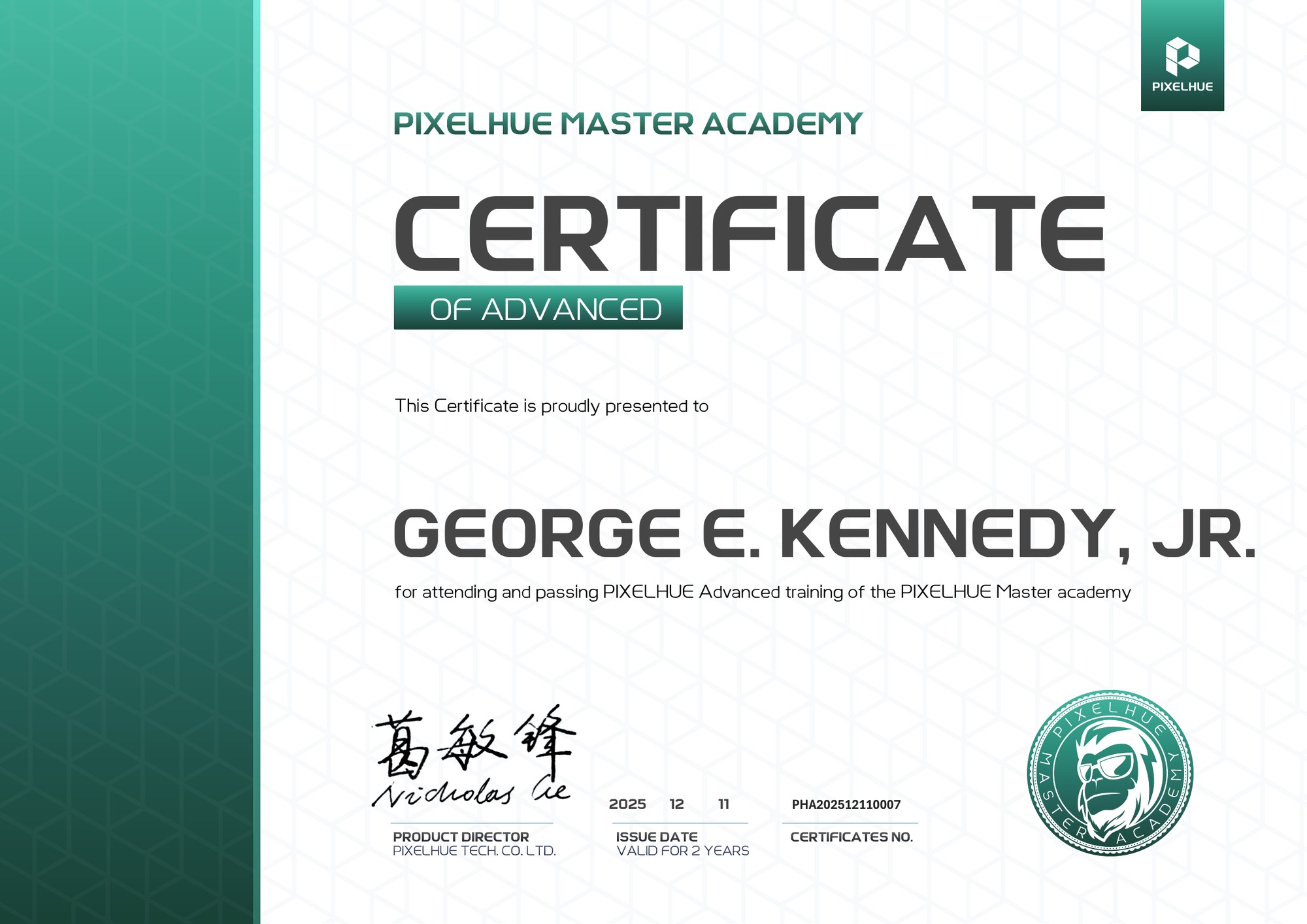 PixelHue Master Academy — Certificate of Advanced, George E. Kennedy, Jr.